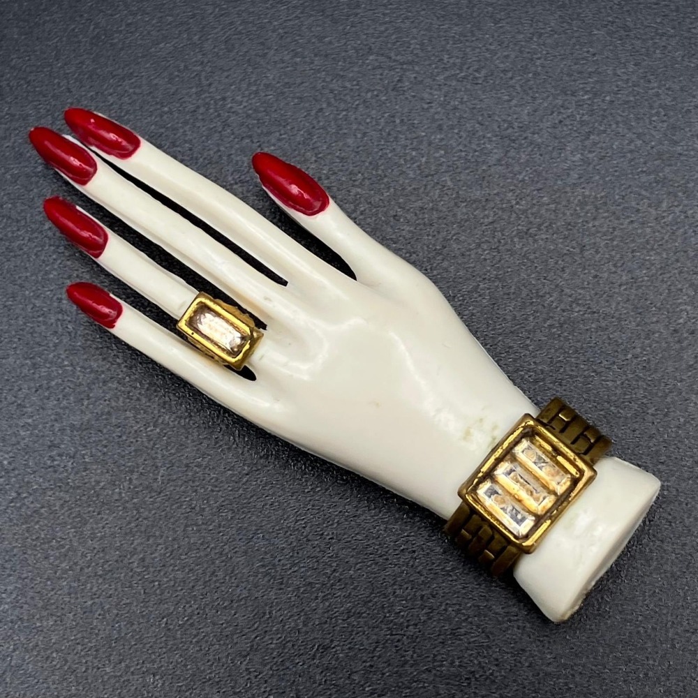 Vintage Hand Brooch White Plastic Figural Pin Gold Ring Bracelet Red Nails MCM